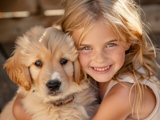 Wall Mural - A young girl smiles as she holds a puppy. AI.