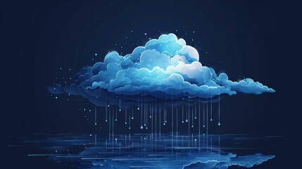 Wall Mural - a single cloud floats above a dark blue body of water, raining down on the surface below. ai.