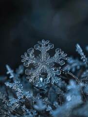 Poster - A single snowflake stands out against a backdrop of blurred snowflakes. AI.