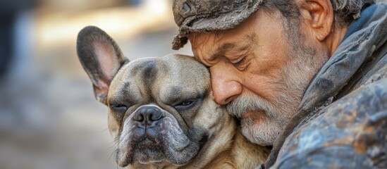  A poor homeless man gently nuzzles a French bulldog on the street. There's a friendship between them. Close up 