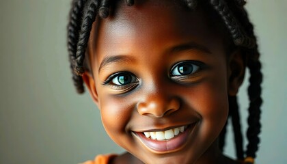 Canvas Print - 10 year old african american girl with big happy smile on her face, in studio background, curly hair