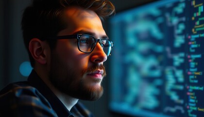 Focused programmer analyzing code on a large computer screen in a dimly lit workspace during late hours