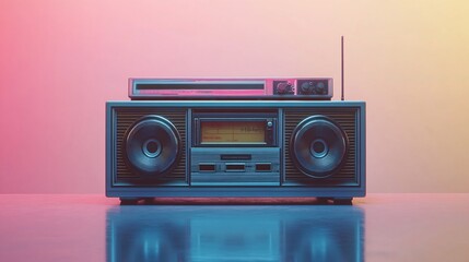 Vintage stereo system with a cassette player on top, set against a pink and blue gradient background.