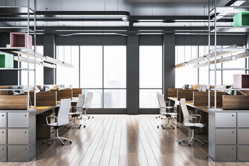 Sticker - Modern office interior with desks and chairs facing large windows. 3D Rendering