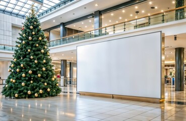 Big white banner mockup in a lobby of an office or a mall with elegant Christmas tree around  for advertising and promotion