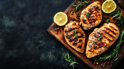 Sticker - Grilled Chicken Breast on Wooden Board with Herbs