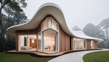 modern architectural design of a house set in a lush forest environment. The structure features a unique, organic shape with smooth, flowing curves and an asymmetrical layout.