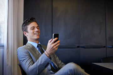 Leinwandbilder - Business, man and happy with smartphone at office on internet, email notification or text message as lawyer. Male person, employee and smile on website or social media for communication or networking