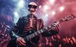 © Антон Федченко - A skeleton on stage, rocking out with an electric guitar, surrounded by stage lights and speakers.