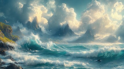 Wall Mural - Dramatic Seascape with Majestic Mountains