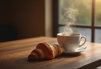 Professional food photography of A cup of coffee and a croissant on a wooden table