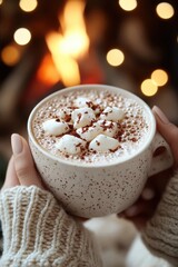 Close-up of a mug of hot chocolate decorated with marshmallows and sprinkled with cocoa. A fireplace is lit in the background, creating a warm atmosphere of comfort. 