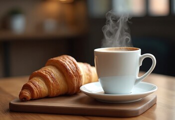 Professional food photography of A cup of coffee and a croissant on a wooden table