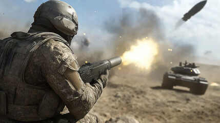 Sticker - A soldier firing a rocket launcher at an enemy tank in the distance