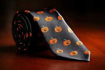 A close-up of a classic tie featuring pumpkin and harvest motifs in soft orange and brown tones, styled perfectly