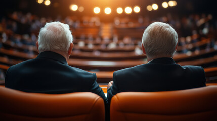 image captures two individuals seated in formal setting, likely in legislative or conference environment, observing gathering. atmosphere suggests serious discussion or deliberation