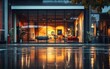 © Антон Федченко - Urban loft on a rainy evening, with reflections on the wet street and large windows revealing the modern interior