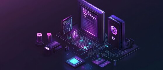 Futuristic digital workspace with computer components and coding elements.