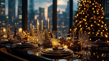 Poster - Elegant holiday dining setup with cityscape view and Christmas tree during evening hours