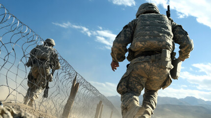 Poster - Soldiers climbing over barbed wire fences during an assault on an enemy base