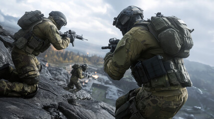 Poster - Soldiers defending a military base built on the edge of a cliff