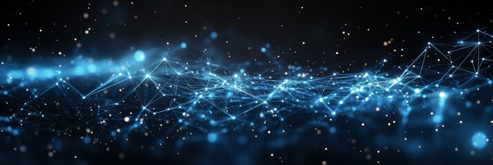 Wall Mural - glowing blue waves of energy illuminated in a dark space with sparkling particles