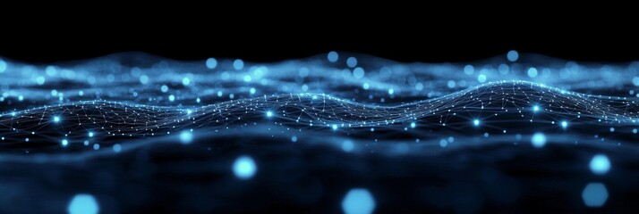 Wall Mural - glowing blue waves of energy illuminated in a dark space with sparkling particles