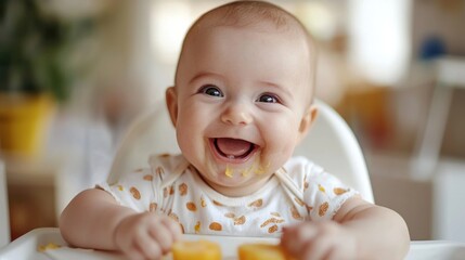 baby in a high chair eating fruit puree, with a happy expression