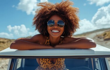 Enjoying a sunny day outdoors with friends on a vehicle in a desert landscape