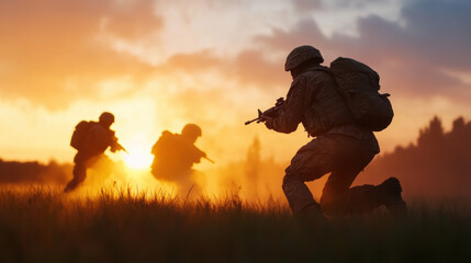 Wall Mural - Soldiers storming a heavily fortified bunker at dawn