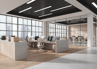 Sticker - Modern office interior with workstations and large windows. 3D Rendering