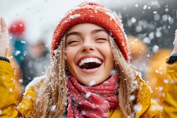 A cheerful woman beams with delight as snowflakes gently fall around her. She wears a vibrant red hat and scarf, epitomizing the spirit of winter joy and freedom.