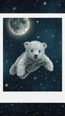 Wall Mural - cute bear cub floats in starry night sky, surrounded by twinkling stars and glowing moon. This whimsical scene evokes sense of wonder and imagination