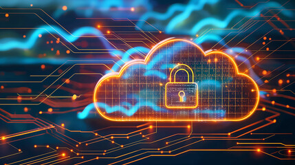 Cloud data security concept with digital lock icon on cloud symbolizing secure online data storage