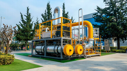 A colorful industrial structure with large pipes and tanks, situated in a green area, indicates a facility for energy or processing.