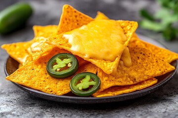 Wall Mural - A plate of nachos topped with melted cheese and sliced jalape?os.