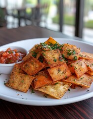 Wall Mural - A plate of crispy nachos served with salsa, garnished with herbs.