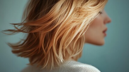 A woman with flowing blonde hair sits gracefully against a soft blue background, capturing a moment of serene beauty