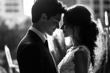 Groom and bride sharing a moment in the sunlight on their wedding day