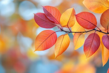 branch with colorful leaves changing color during autumn season