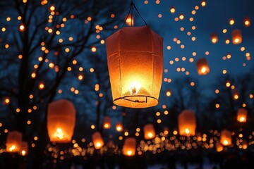 Sky lanterns releasing at twilight during festival celebration