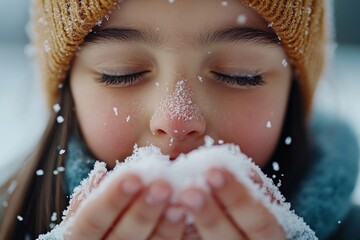 A young girl wearing a beanie stands outside in the snow, bringing a handful of fluffy snow to her face with eyes closed, enjoying the winter moment delightfully.