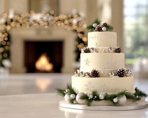 beautifully decorated three tiered Christmas cake adorned with snowflakes, pinecones, and festive greenery, set against cozy, warmly lit background. scene evokes joyful holiday spirit