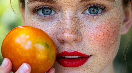 Wall Mural - Woman with red lips holding a tomato. The woman has a blue eye and red lips