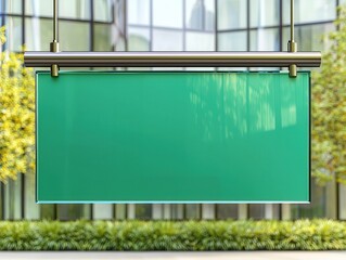 Wall Mural - Blank Green Glass Sign Hanging Outside Modern Building.