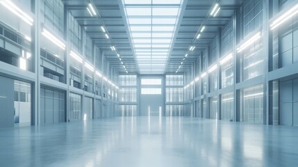 Vast Industrial Space: A perspective shot showcasing a vast and empty industrial warehouse, bathed in the cool, clean light of fluorescent bulbs.