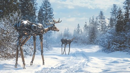 Aufkleber - Exploring a futuristic winter wonderland robotic deer roaming in a snow-covered landscape of metal and nature