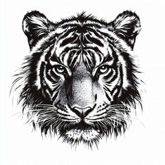 a close-up black and white illustration of a tiger's face