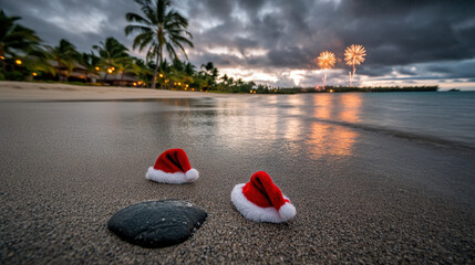 serene beach scene at sunset featuring two Santa hats on sand, with fireworks illuminating sky in background. festive atmosphere evokes joy and celebration