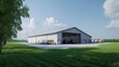 © Andrew - Modern Agricultural Storage Facility: A sleek, modern industrial building with a large garage door and a clear, spacious interior, perfect for storing equipment and supplies for modern agriculture.